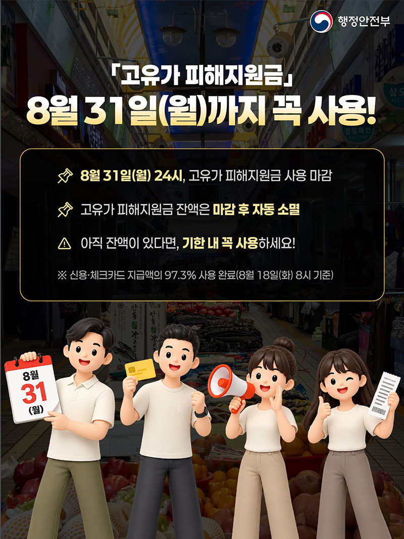 「고유가 피해지원금」 8월 31일(월)까지 꼭 사용! · 8월 31일(월) 24시, 고유가 피해지원금 사용 마감 · 고유가 피해지원금 잔액은 마감 후 자동 소멸 · 아직 잔액이 있다면, 기한 내 꼭 사용하세요! ※ 신용·체크카드 지급액의 97.3% 사용 완료(8월 18일(화) 8시 기준) 